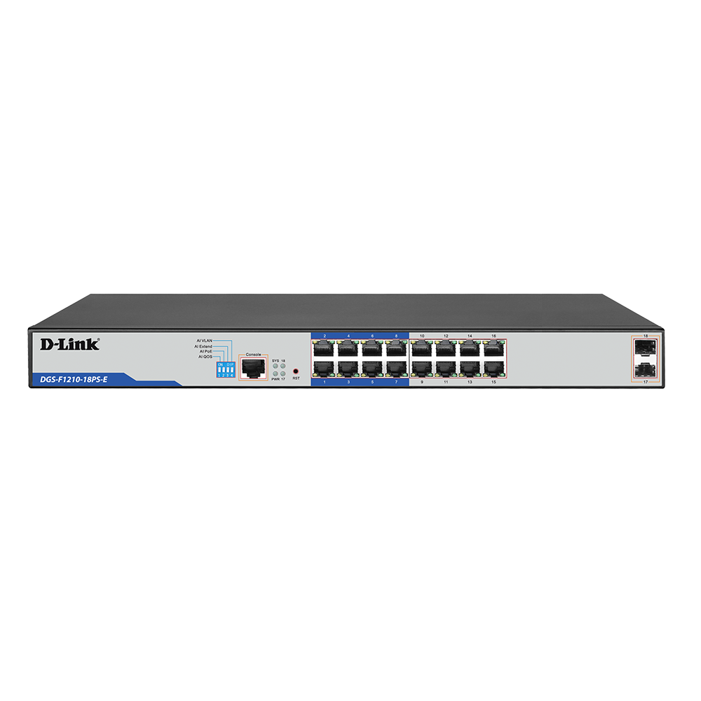 DLink 16 Port Layer 2 Gigabit Managed Long Range PoE+ Surveillance Switch (DGS-F1210-18PS-E) DLink 16 Port Layer 2 Gigabit Managed Long Range PoE+ Surveillance Switch (DGS-F1210-18PS-E)